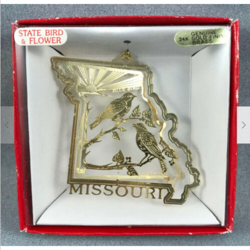 State Bird & Flower 24k Gold Brass Ornament Nation's Treasures MISSOURI Bluebird